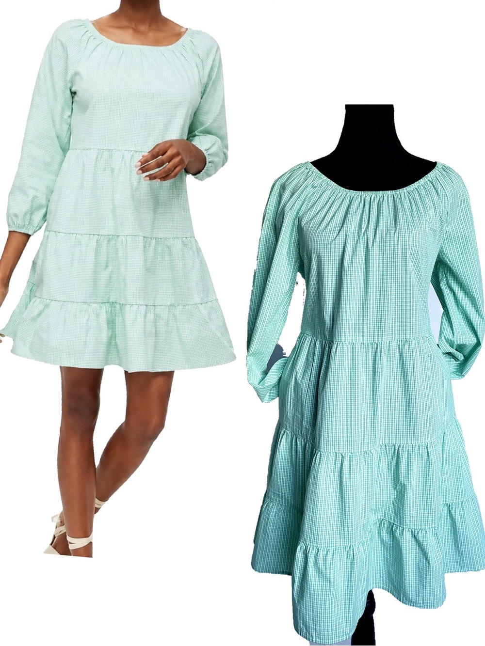 J. Crew NEW Gingham Dress Sz S Poplin Tier Raglan Puff Sleeve Pockets Mint Green